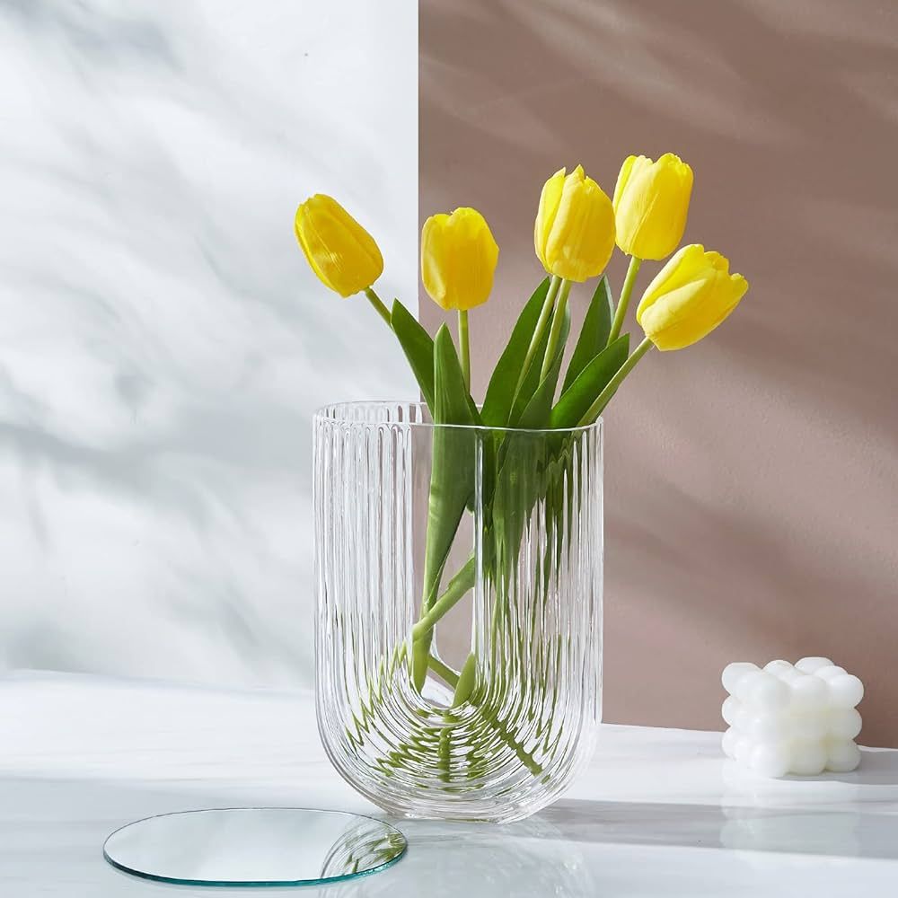 FAMUKEN Glass Ribbed Vase for Flowers, 7" Clear Ellipse U Shaped Narrow Vase, Thickened Striped T... | Amazon (US)