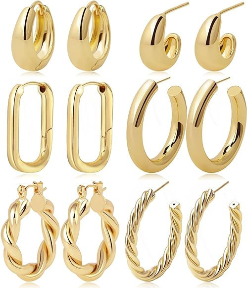 Gold Hoop Earrings Set 14k Gold Plated Huggie Earrings Hypoallergenic Chunky Thick Jewelry for Mu... | Amazon (US)