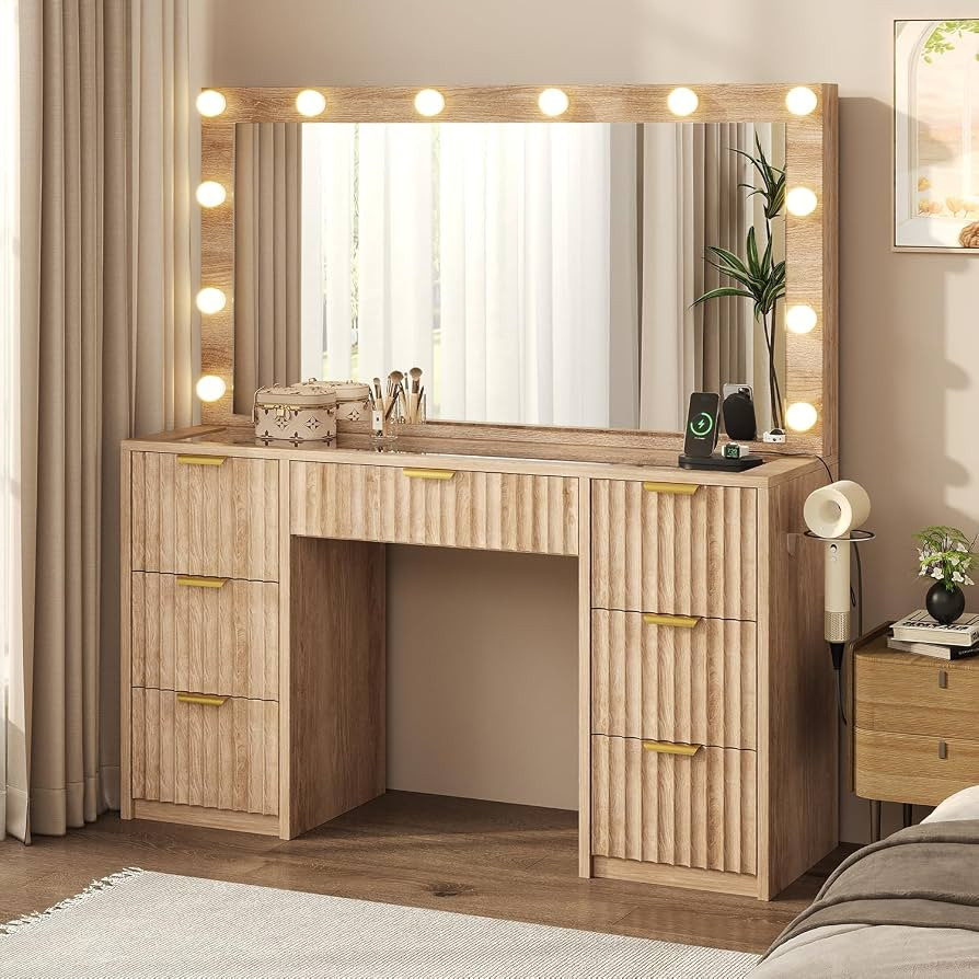 47" Fluted Makeup Vanity Desk with Large 42" Mirror and Ajustable LED Lights, Modern Glass Top Bi... | Amazon (US)