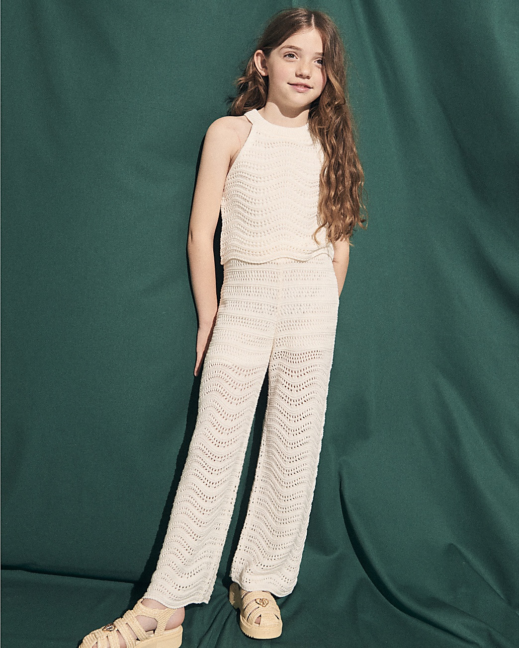 Girls cream crochet tank top and trousers set | River Island (UK & IE)