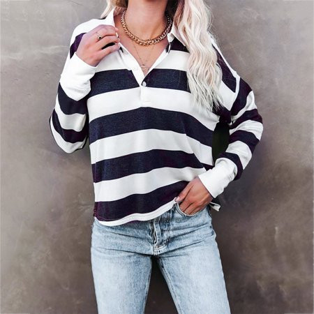 Women s Striped Collared Polo Shirt Color Block Long Sleeve Button Up Loose Casual Tunic Tops Sweats | Walmart (US)