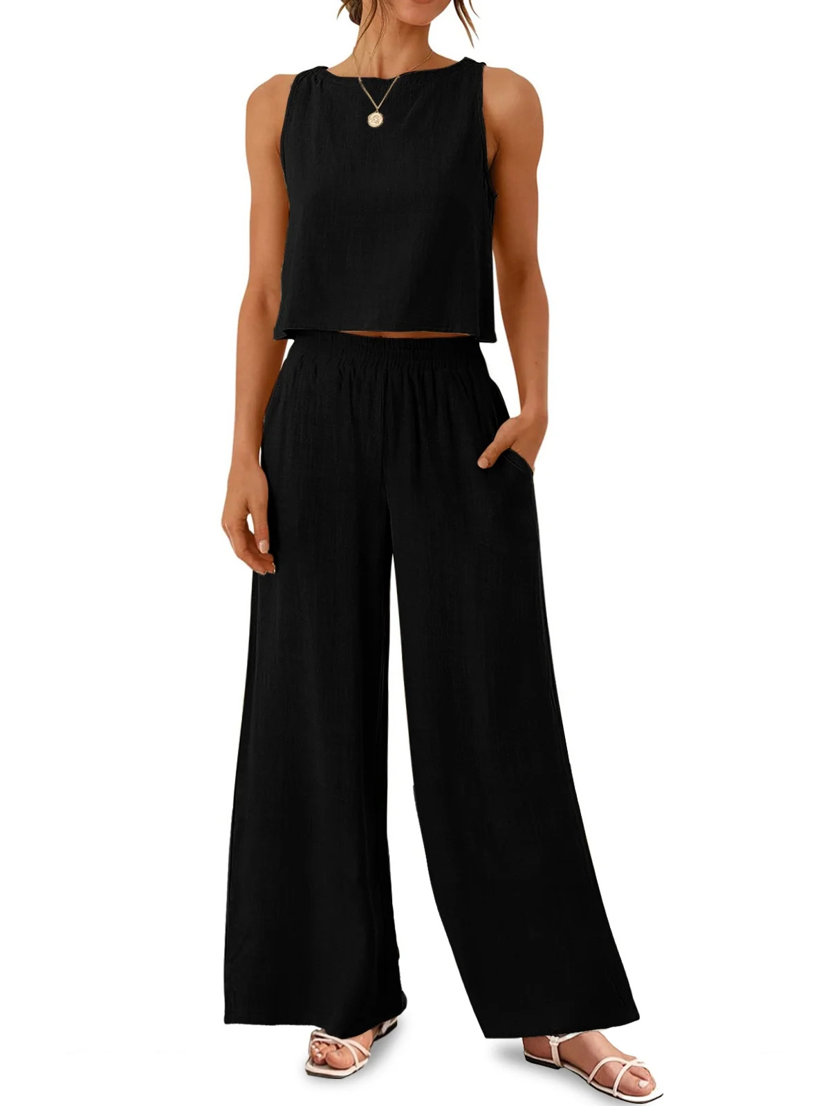 MOSHU Two Piece Lounge Sets for Women Loose Fit Tank Tops and Wide Leg Pants with Pockets Solid S... | Walmart (US)