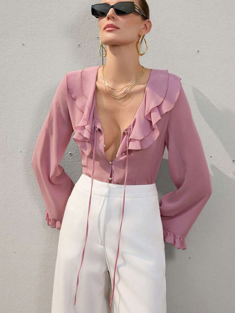 Nude Pink Women's Chiffon Layered Ruffled Sheer Romantic Elegant Sexy Casual Office Wear Long Sleeve Blouse Fall Cloth For Women | SHEIN