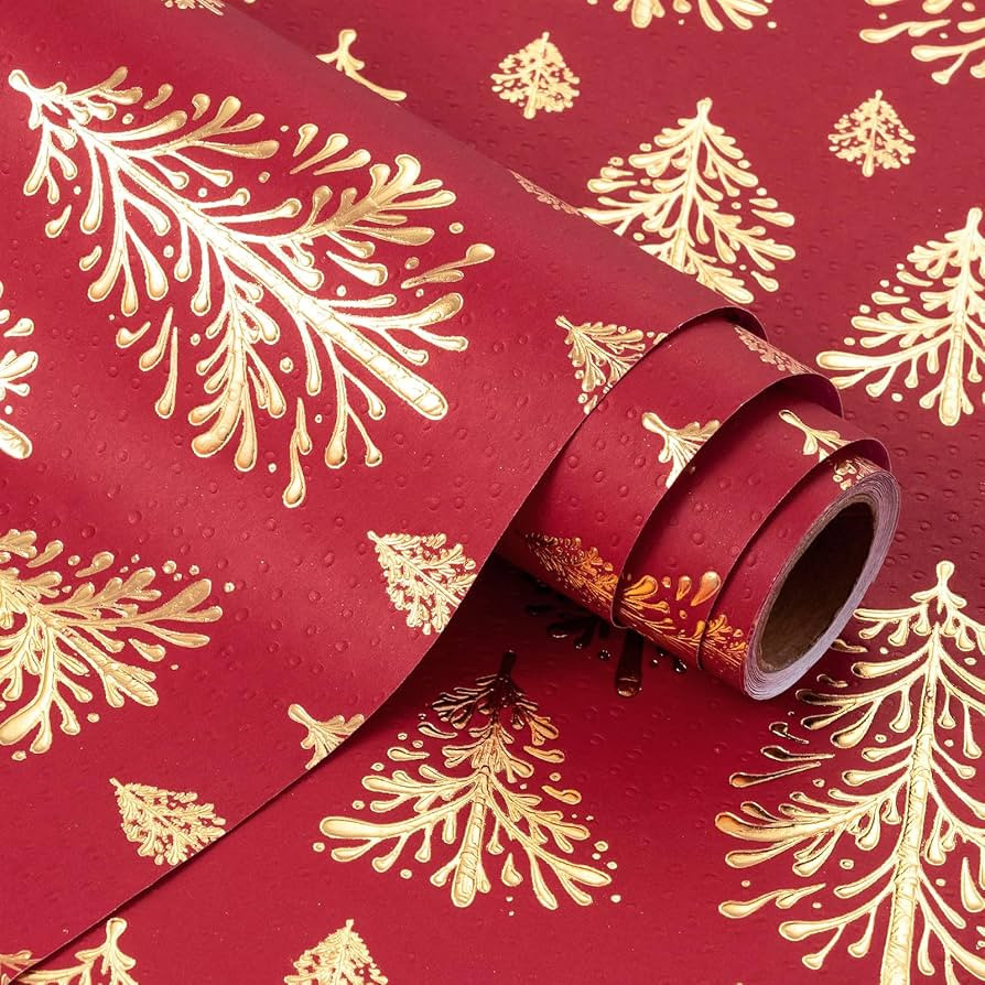 WRAPAHOLIC 3D Kraft Christmas Wrapping Paper Roll - Mini Roll - 17 Inch x 16.5 Feet - Gold and Re... | Amazon (US)