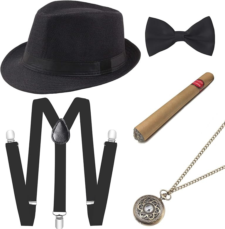 BABEYOND 1920s Mens Gatsby Gangster Accessories Set Panama Hat Suspender Bow Tie | Amazon (US)