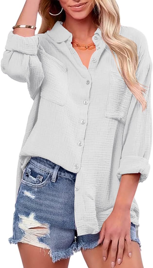 Saudacdn Women Button Down Shirts V Neck Blouse Long Roll Up Cuffed Sleeve Pocket Casual Boyfriend C | Amazon (US)