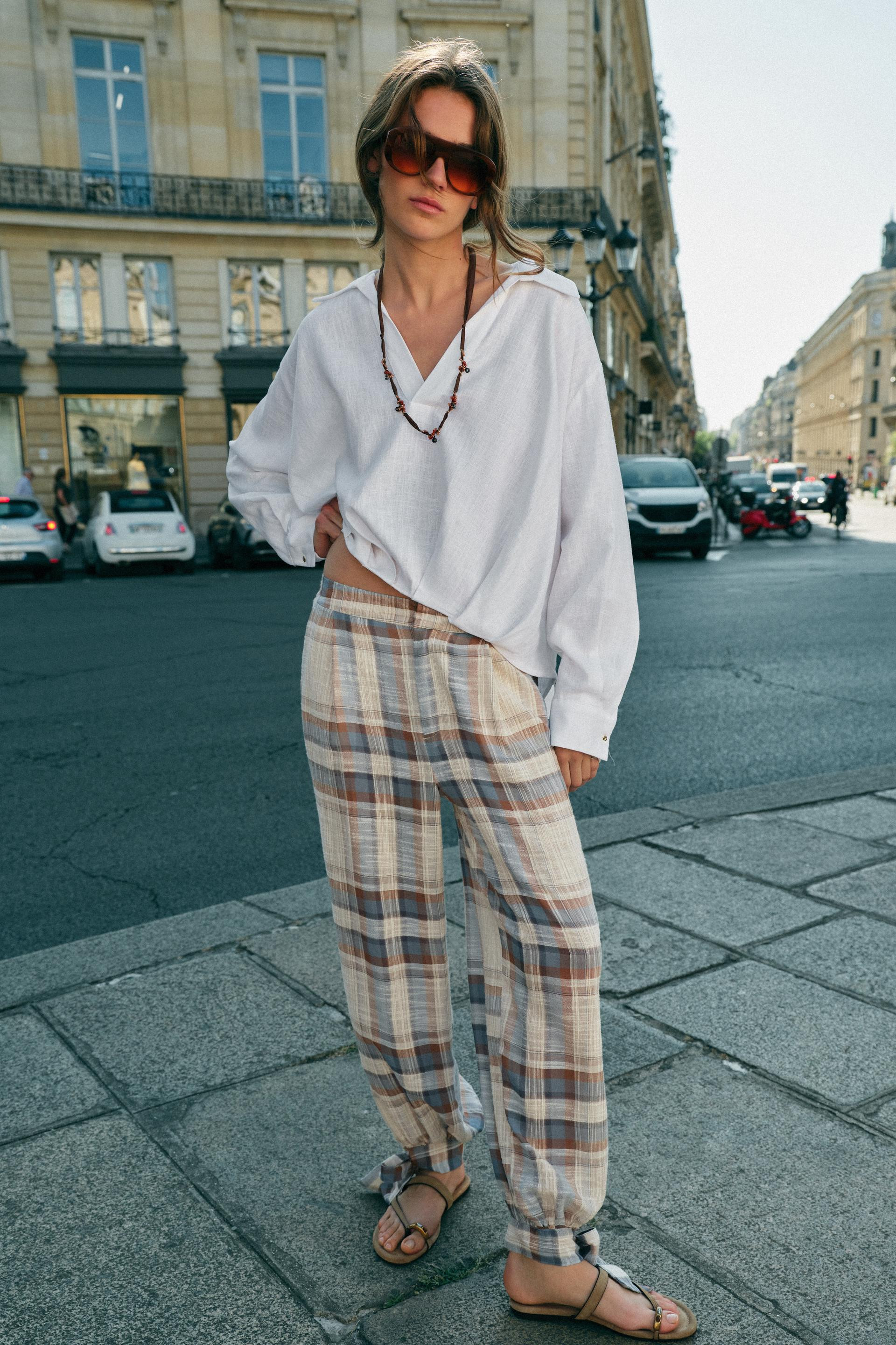 Zara - Plaid Bow Balloon Pants - Brown-Blue - Xs - Woman | Zara US
