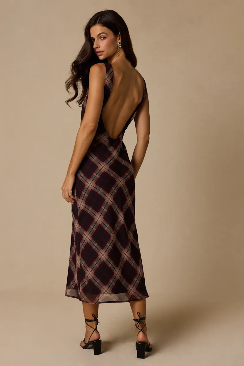 Violetta Black Multi Plaid Backless Midi Dress | Lulus