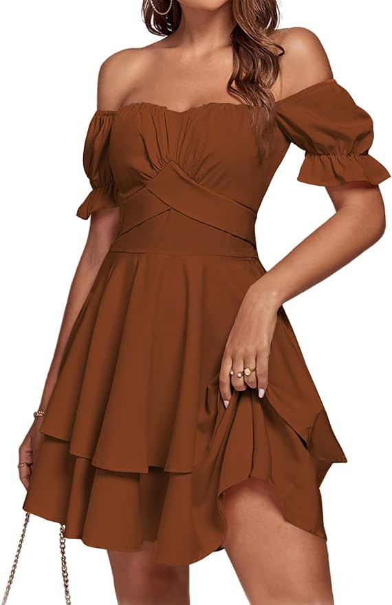 LYANER Women's Tie Back Off Shoulder Wrap Layer Ruffle Short Sleeve Mini Dress | Amazon (US)