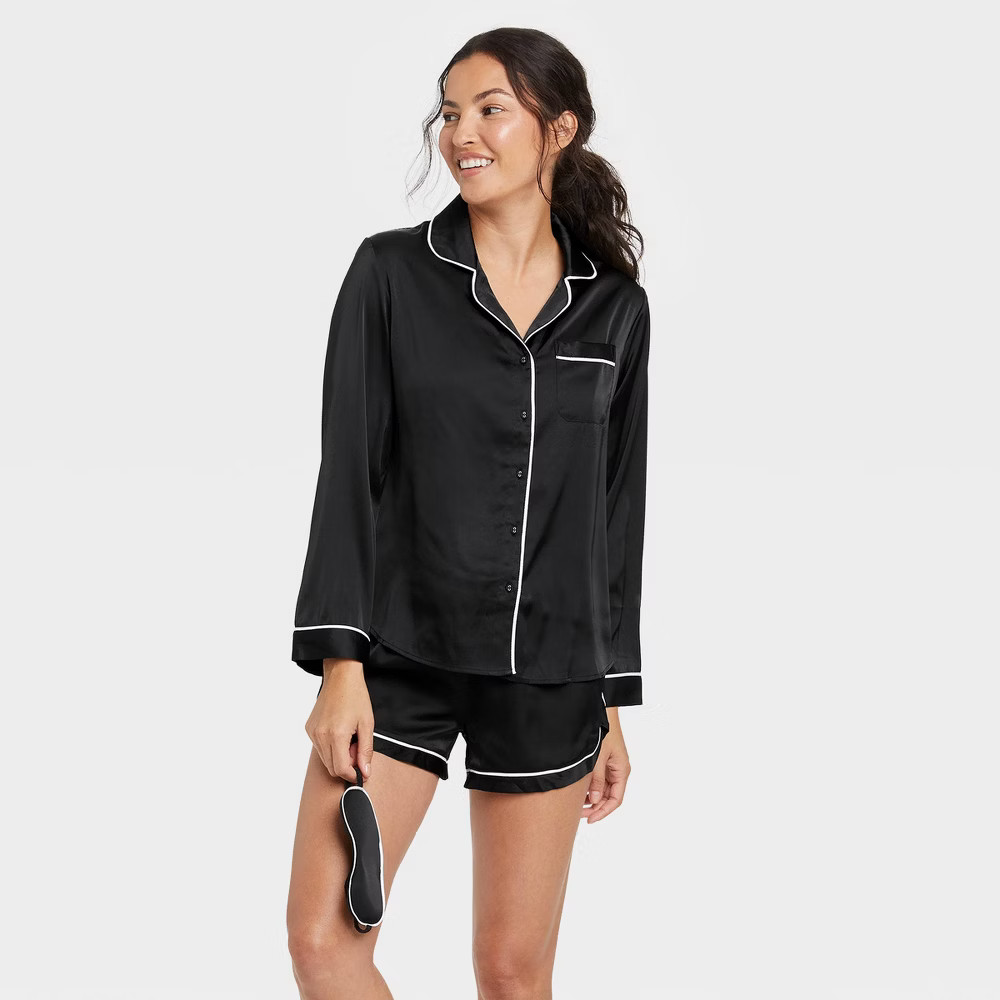 Women's 3pc Satin Long Sleeve Notch Collar Top and Shorts Pajama Set with Eye Mask - Stars Above Bla | Target