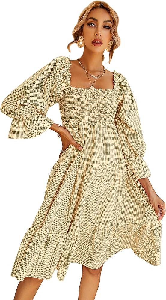 R.Vivimos Women's Summer Cotton Plaid Puff Sleeves Bow Casual Off-Shoulder Boho Midi Dress | Amazon (US)