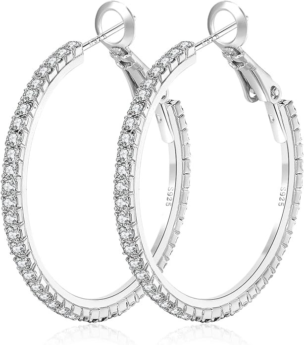 925 Sterling Silver Earrings Large Rhinestone Hoop Earrings Big Cubic Zirconia Hoop Earrings Thin... | Amazon (US)