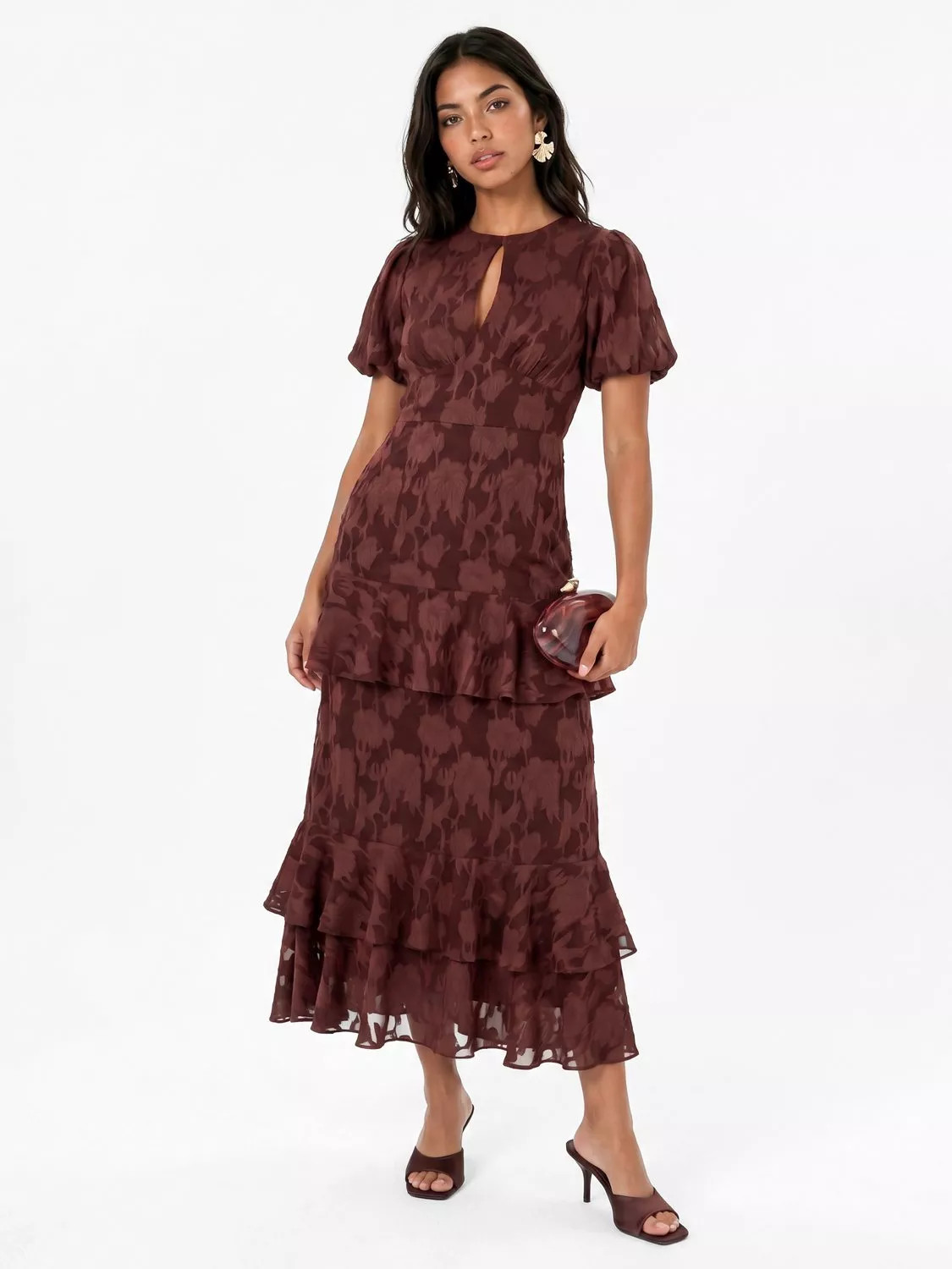 Anaya With Love Floral Burnout Puff Sleeve Ruffle Dress, Chocolate Truffle | John Lewis (UK)