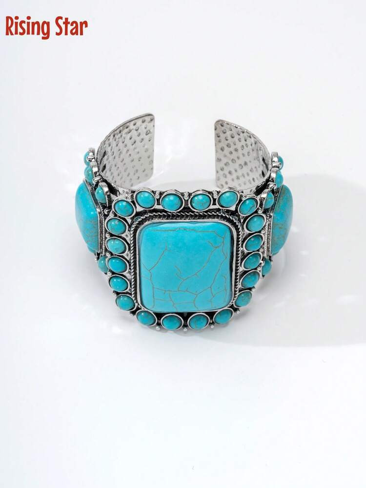 1pc Women's Western Cowgirl Style Boho Bracelet, Pattern Suitable For Casual Wear, Faux Turquoise Extra Wide Cuff Bracelet, Vintage Western Style Accessory For Women, Casual Travel | SHEIN