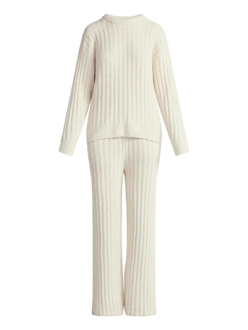 Joyspun Women's Cozy Ribbed Crewneck Top and Wide-Leg Pants Set, 2-Piece, Sizes XS-3X | Walmart (US)