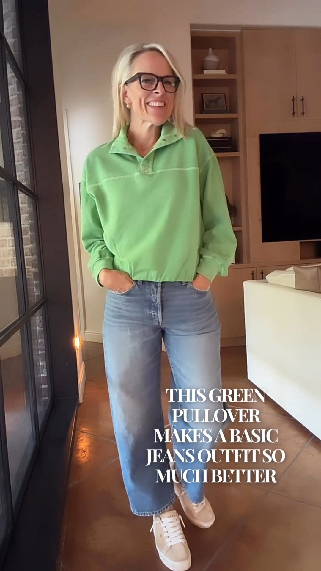A green pullover is such an easy way to add a little color to your everyday wardrobe. I love how this one pairs with classic blue jeans and neutral sneakers for a casual outfit that feels comfortable, polished, and easy to wear.

It’s a simple fall outfit formula you can recreate with pieces you already own, just by adding a colorful sweater to your favorite denim.