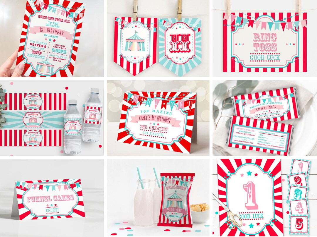 PRINTABLE Red & Pink Circus/carnival Party Kit Edit Text in Corjl, Download and Print - Etsy | Etsy (US)