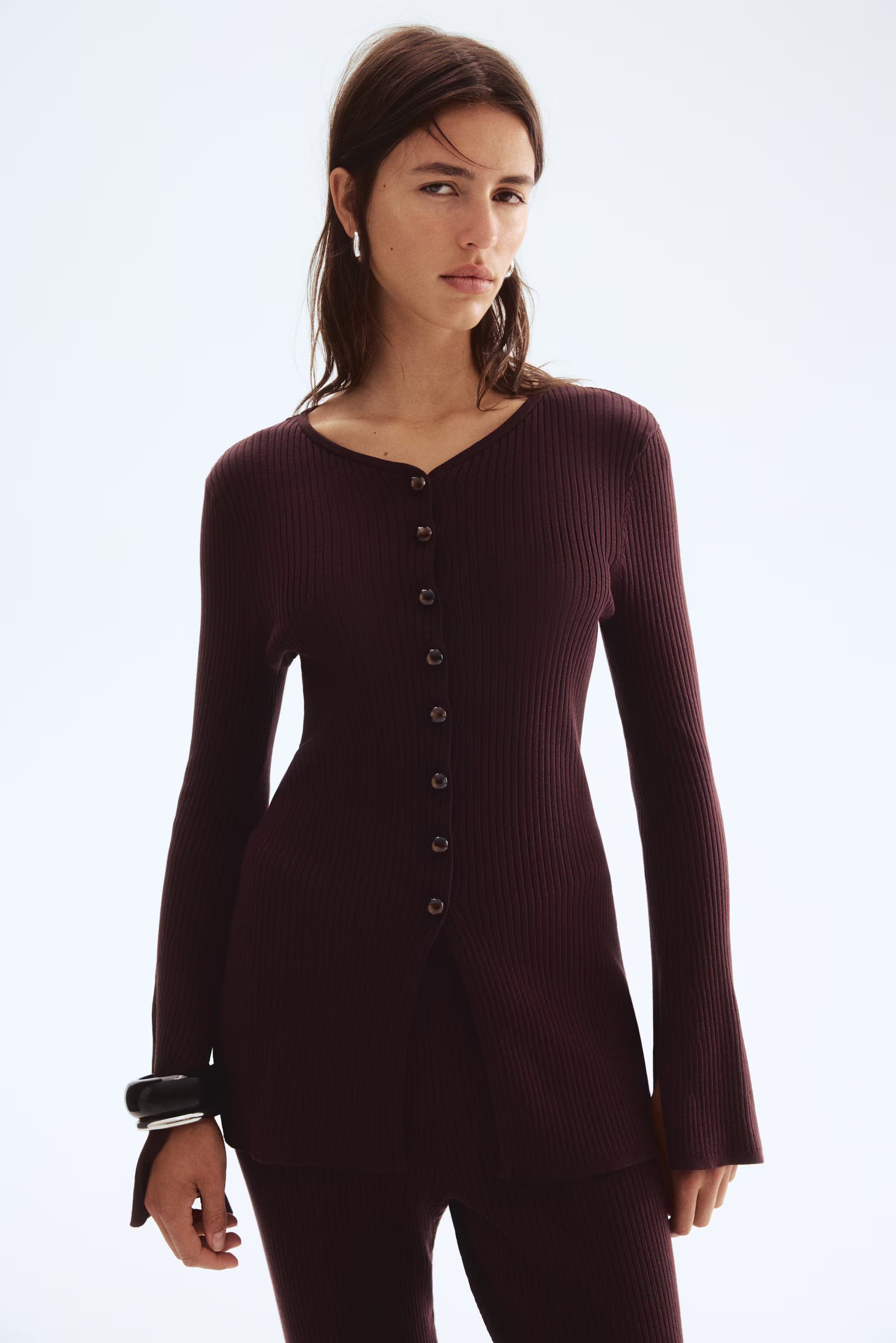 Rib-knit cardigan - Dark brown - Ladies | H&M GB | H&M (UK, MY, IN, SG, PH, TW, HK)