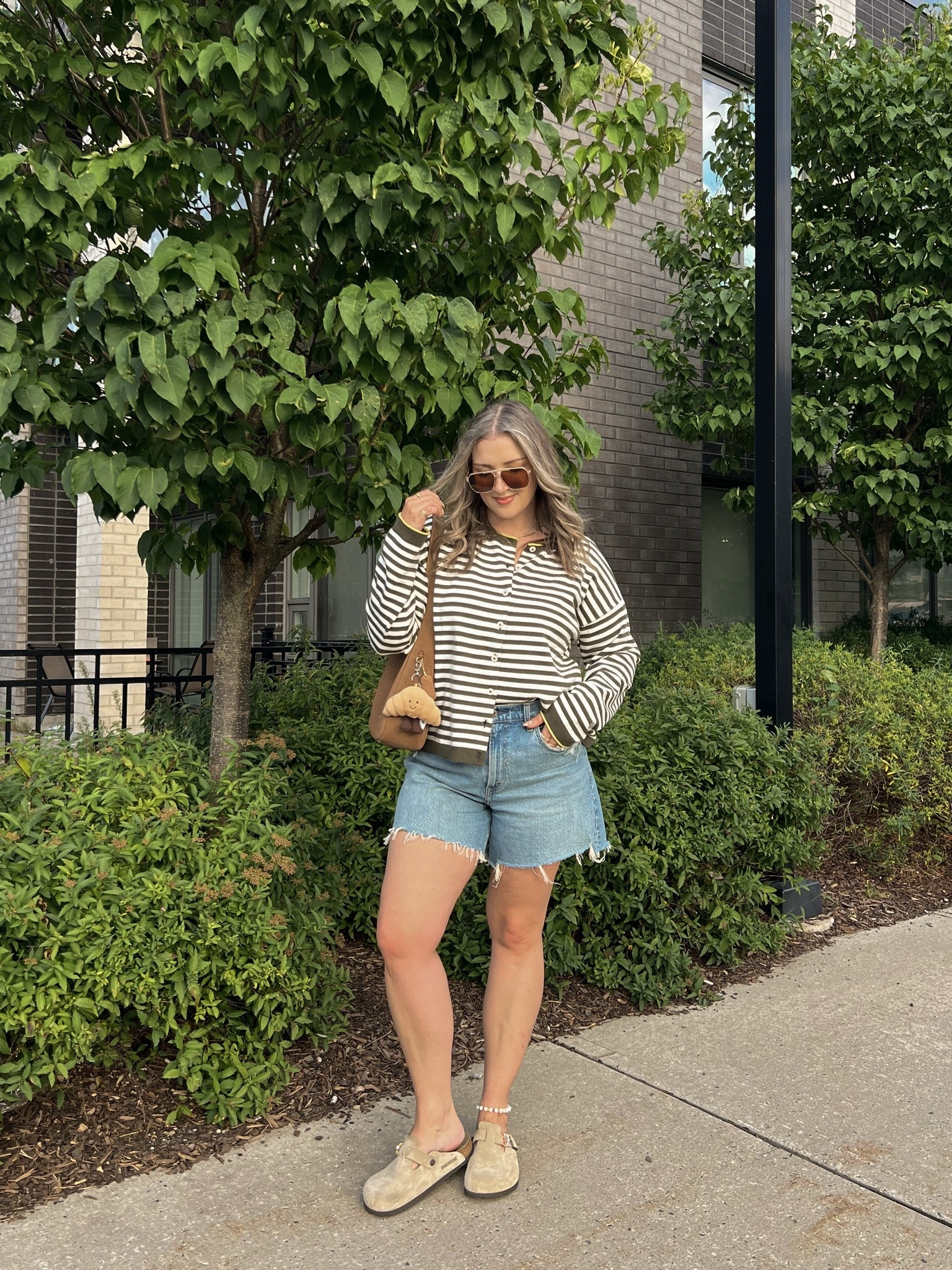 Early fall outfit! Wearing M in the striped cardigan. Sized up to 32 in the denim shorts for a baggy fit. I’m a 9.5-10 shoe and wear a 10 in the Birkenstock clogs

#LTKfall #LTKsale #LTKmidsize