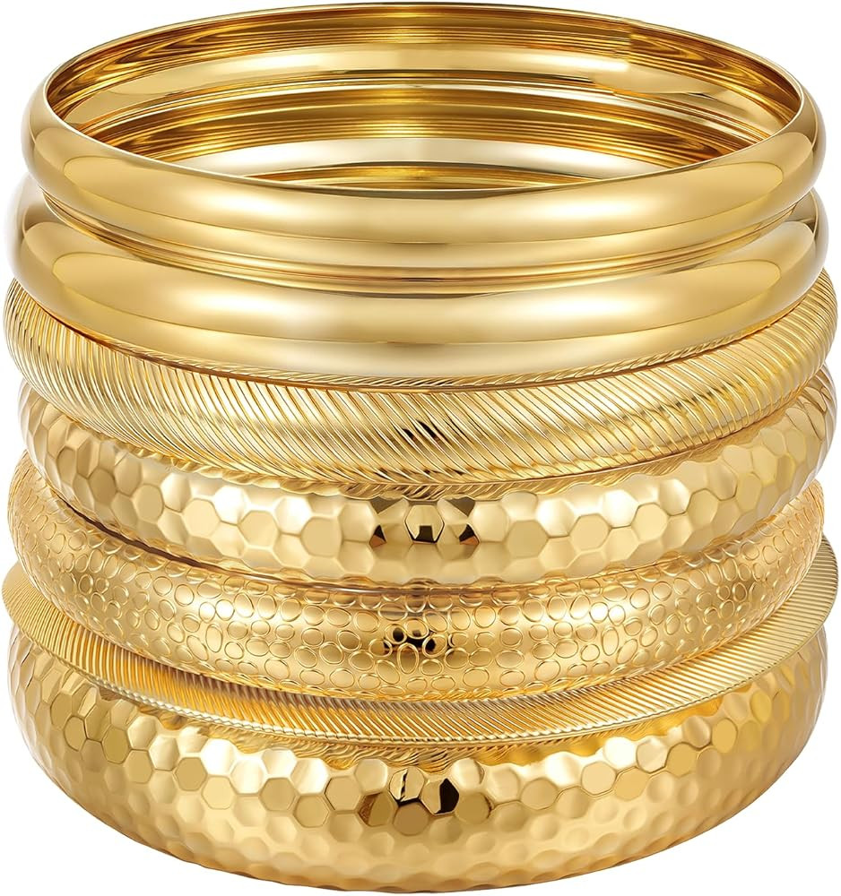YEEZII Gold Bangle Bracelets for Women, 7Pcs 14K Gold Plated Boho Indian Multi Stackable Textured... | Amazon (US)