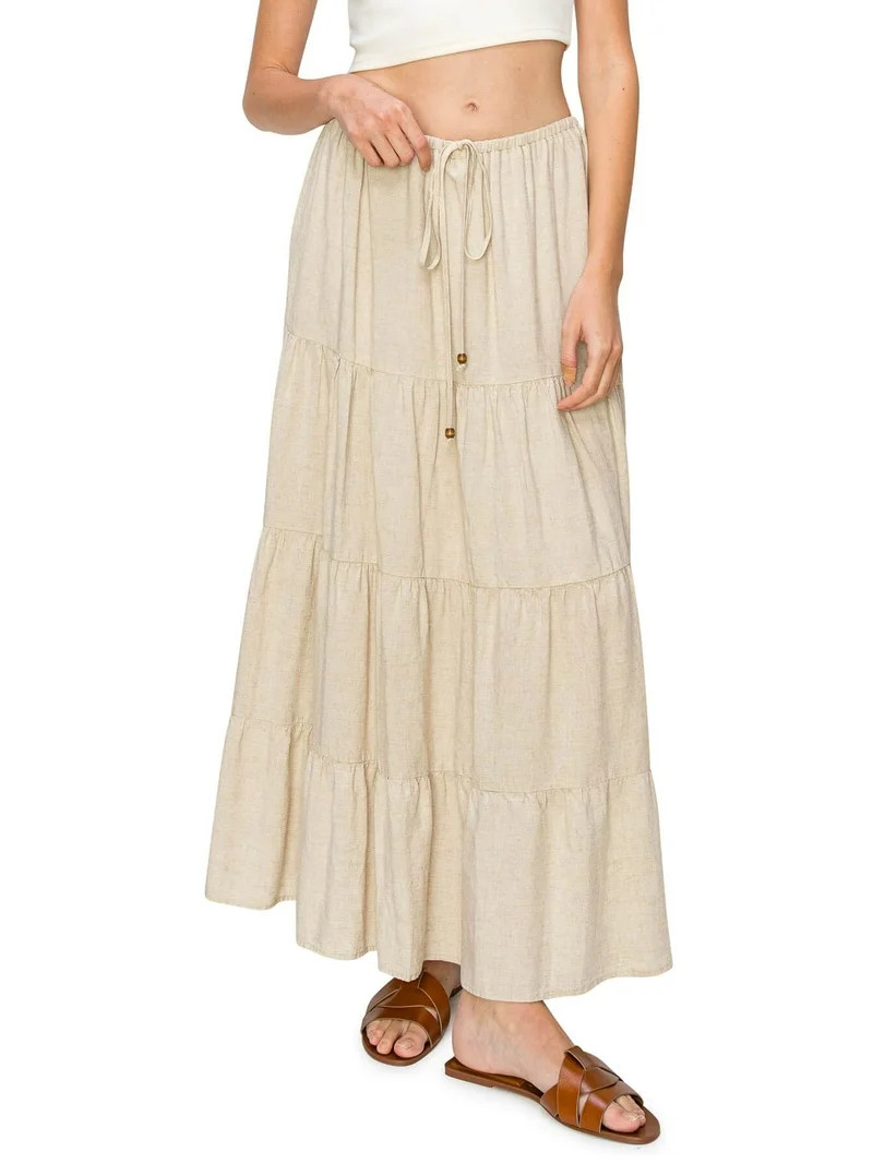 Cali1850 Women's XS~XL Lined Tiered Elastic Waist Linen Flare Maxi Skirt | Walmart (US)