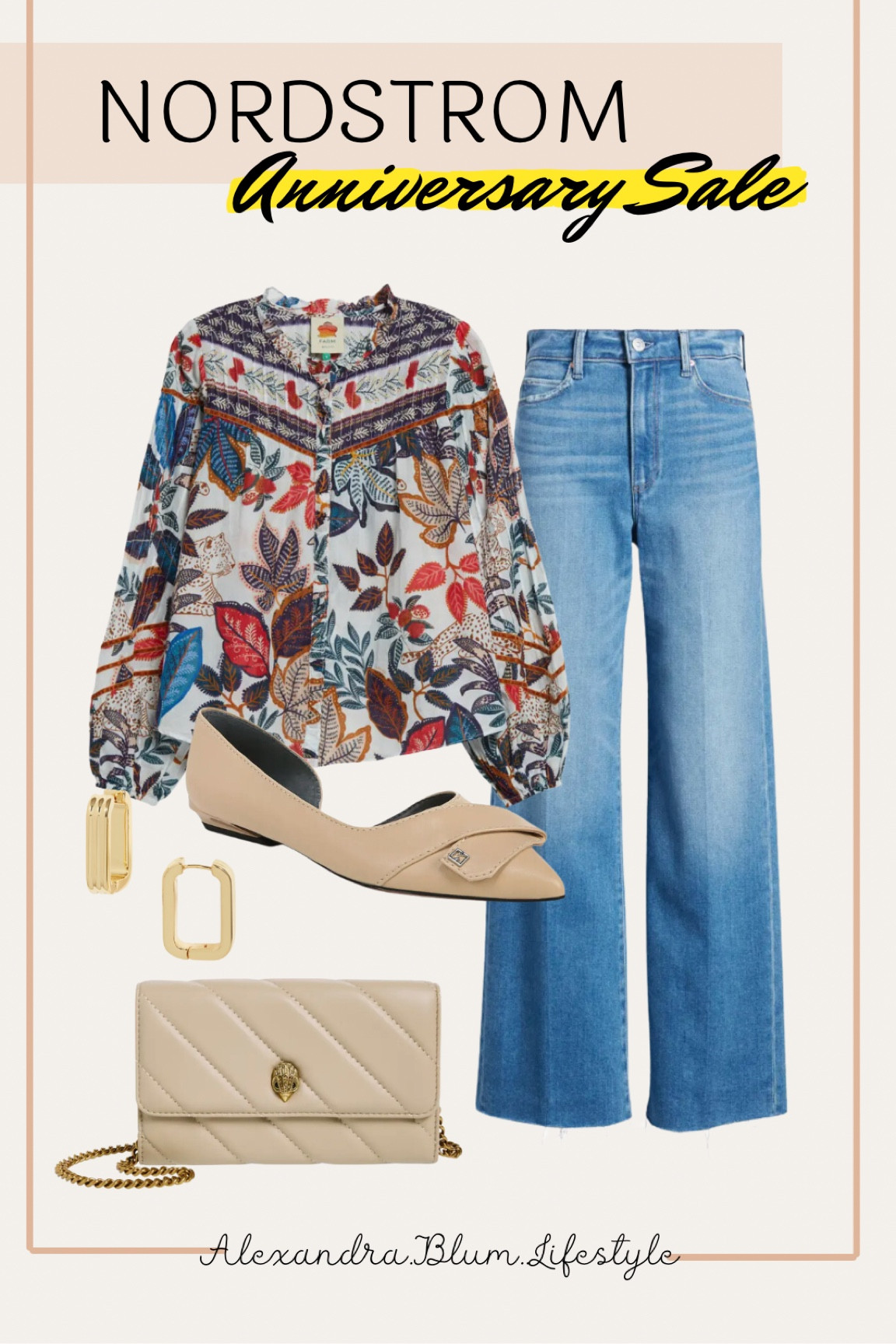 Cute summer to fall outfit idea from the Nordstrom anniversary sale event! Floral print blouse top, wide leg jeans, nude flats, ivory crossbody purse, and gold square hoop earrings! 

#LTKxNSale #LTKOver40 #LTKWorkwear