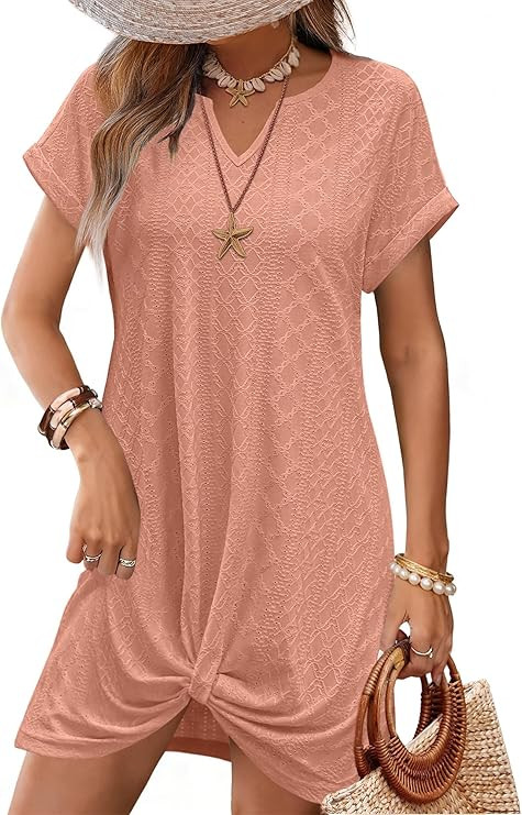 RUMIA Summer Dresses for Women Eyelet Casual Dresses Short Sleeve Twisted Coverup Beach Vacation ... | Amazon (US)