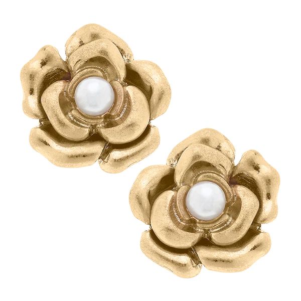 CANVAS Style x @ChappleChandler Emmie Camelia & Pearl Stud Earring in Worn Gold | CANVAS