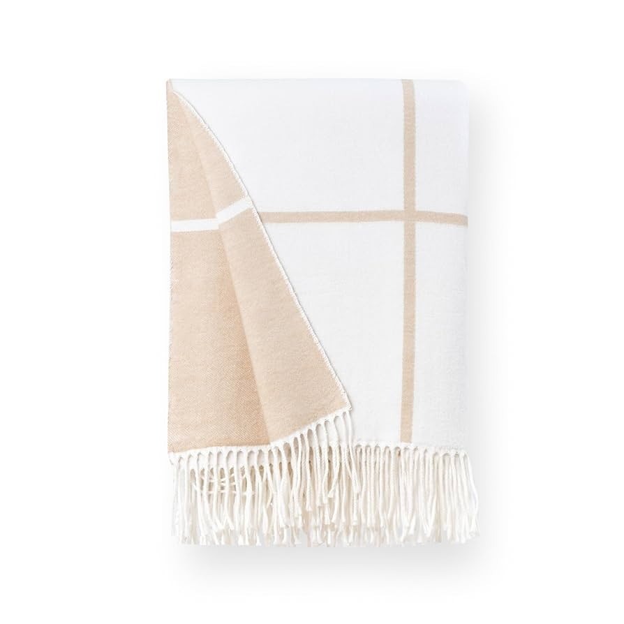 Hofdeco Premium Coastal Decorative Throw Blanket for Patio Couch Sofa, Neutral Tan Plaid with Fri... | Amazon (US)