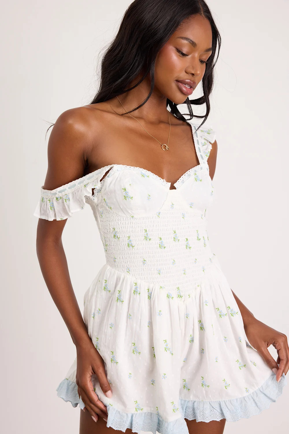 Colbie White Floral Swiss Dot Bustier Romper | Lulus