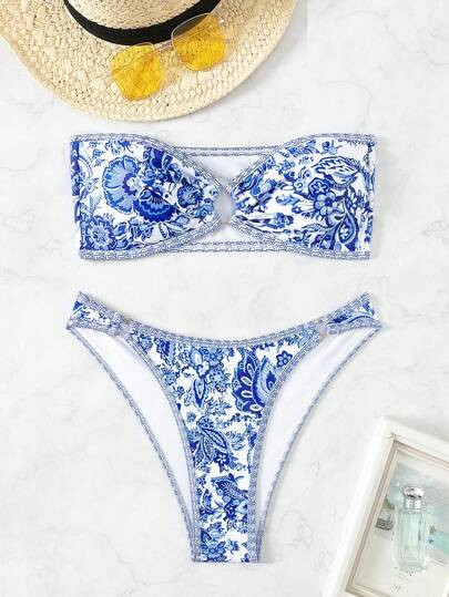 SHEIN Swim Women Printed Vacation Style Strapless Bikini Set, Random Print, Spring/Summer Beach | SHEIN
