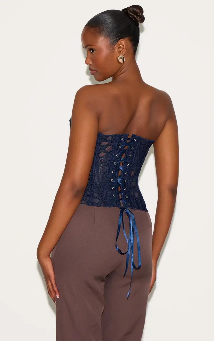 Navy Textured Sheer Floral Lace Corset | PrettyLittleThing US