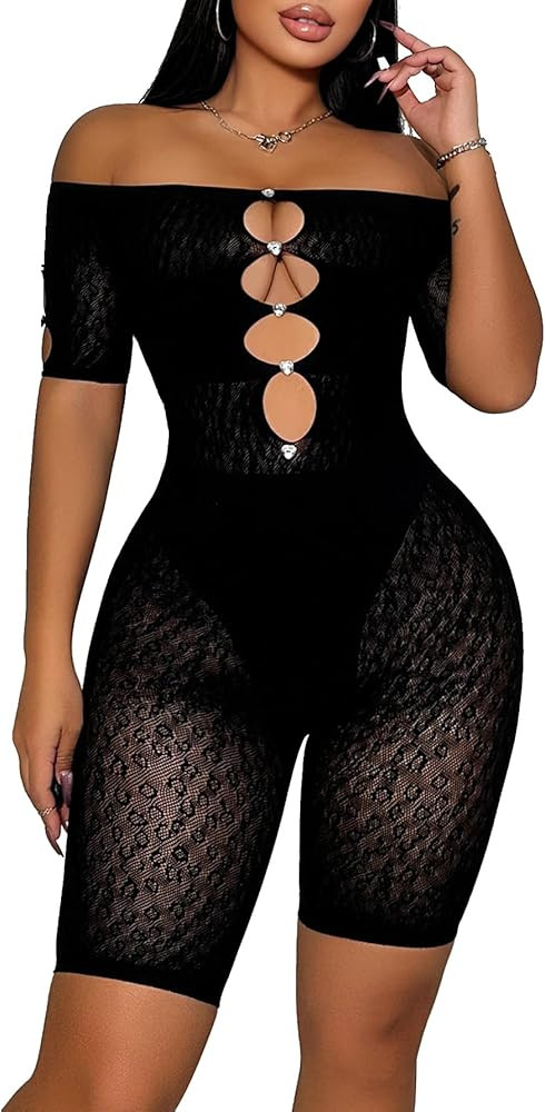 Women Sexy See Through Rhinestone Mesh Off The Shoulder Hollow Leopard Print Short Sleeve One Pie... | Amazon (US)