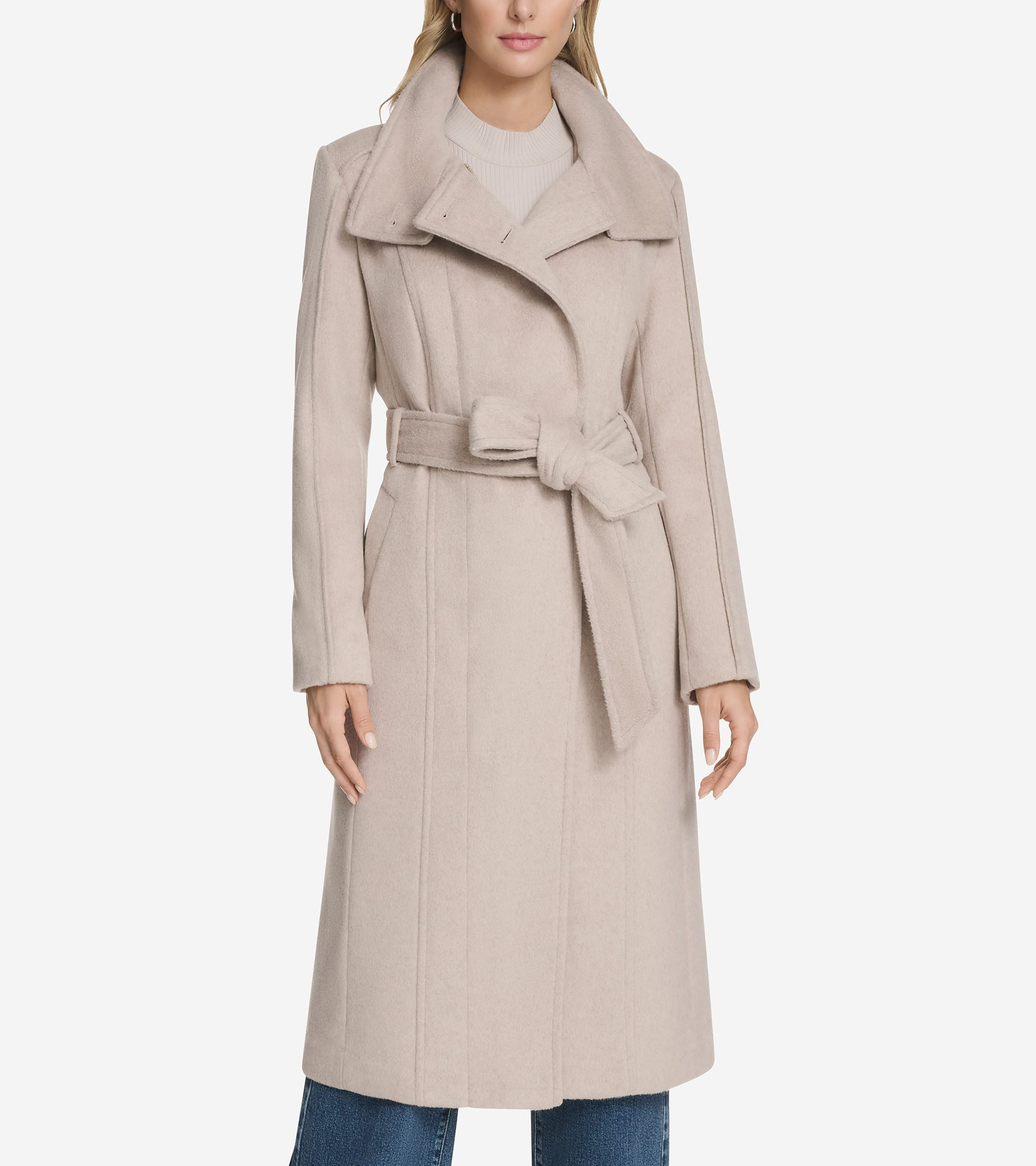 Women's Slick Wool Belted Coat in Light Beige | Cole Haan | Cole Haan (US)