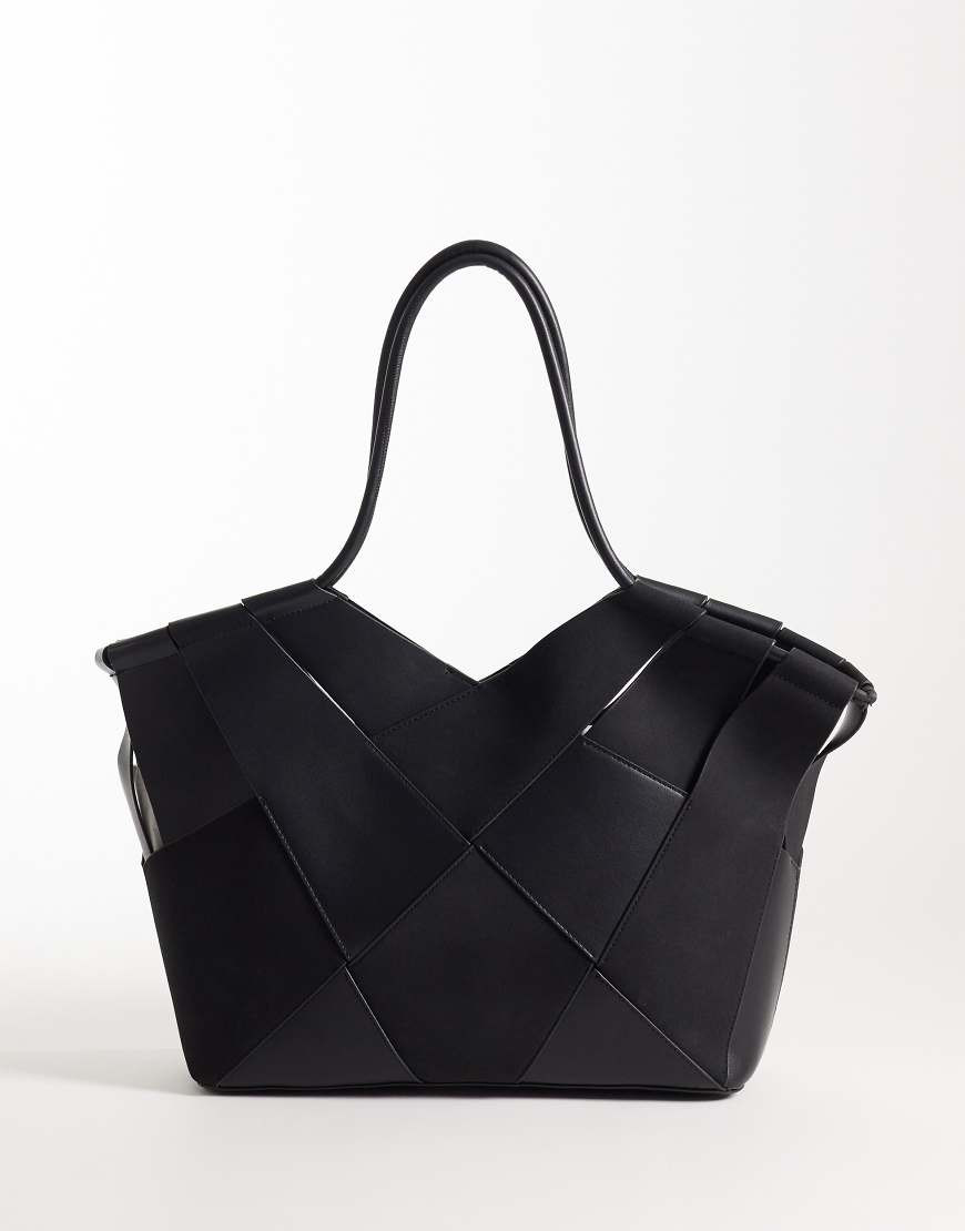 ASOS DESIGN faux suede and faux leather mix weave tote bag in black | ASOS (Global)