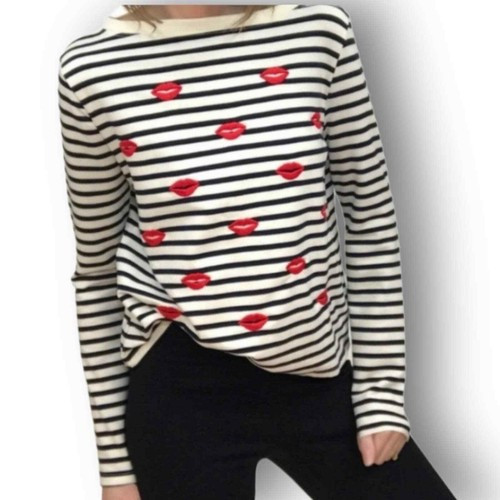 Betsey Johnson Black/Cream Striped Pullover Knit Top with Red Lips Sz M | eBay US