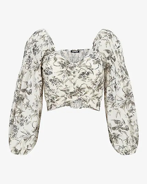 Printed Faux Wrap Puff Sleeve Cropped Top | Express