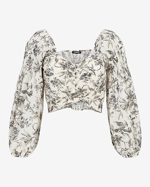 Printed Faux Wrap Puff Sleeve Cropped Top | Express