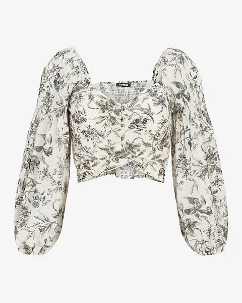 Printed Faux Wrap Puff Sleeve Cropped Top | Express