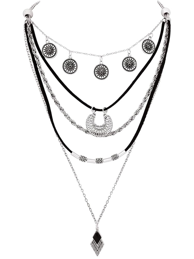 MINACHI Retro Bohemian Geometric Black Multi-layer Leather Choker Necklace, Women's Jewelry Gift | Amazon (US)