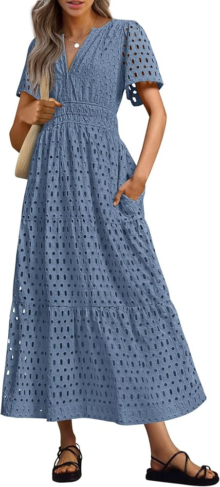 PRETTYGARDEN Womens 2026 Summer Maxi Dress Short Sleeve V Neck Hollow Out Eyelet A Line Long Flow... | Amazon (US)