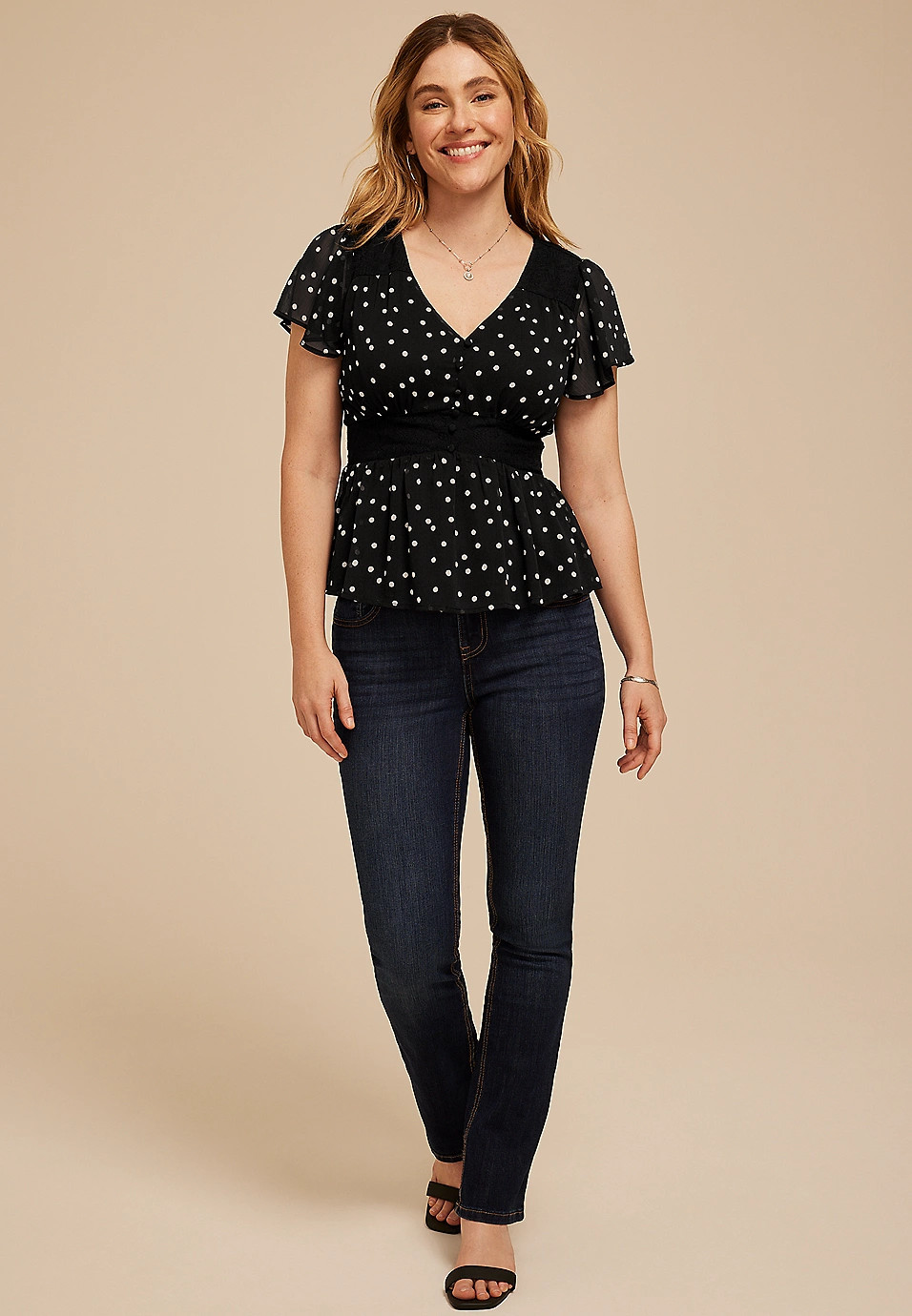 Polka Dot Flutter Sleeve Peplum Top | Maurices
