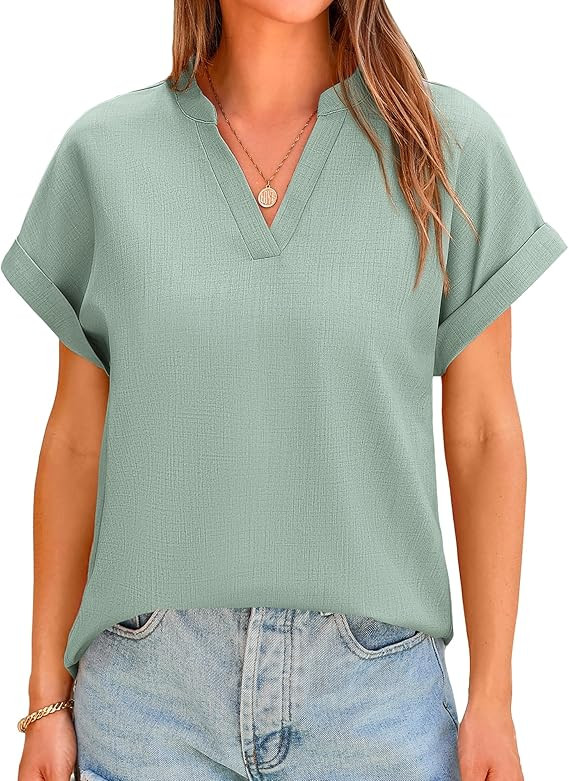 BTFBM Women's Summer Tops 2024 V Neck Short Sleeve Tshirt Loose Flowy Tunics Solid Color Dressy C... | Amazon (US)