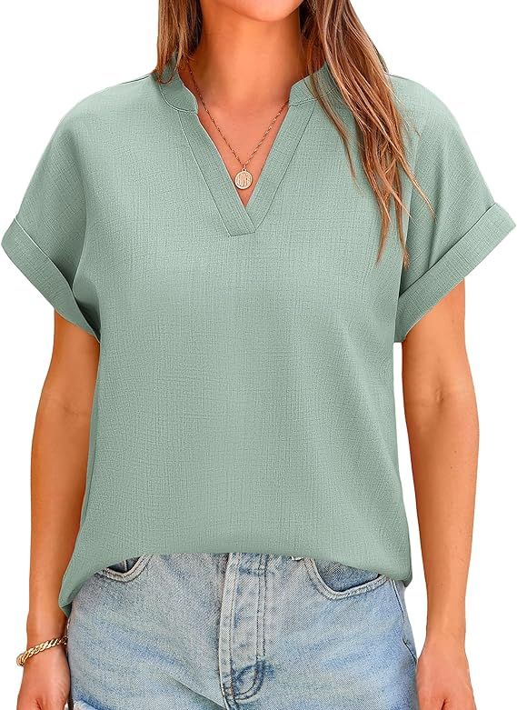 BTFBM Women's Summer Tops 2024 V Neck Short Sleeve Tshirt Loose Flowy Tunics Solid Color Dressy C... | Amazon (US)