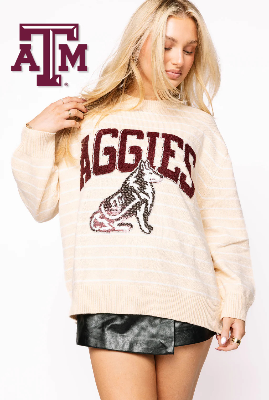Licensed Texas A&M Beige Stripe Vintage Team Sweater | Queen of Sparkles