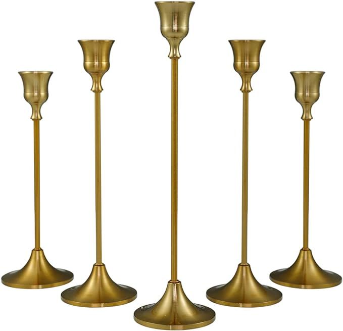 Vincidern 5pcs Taper Candle Holders Brass Gold Candlestick Holders for Mantel, Vintage Decorative... | Amazon (US)