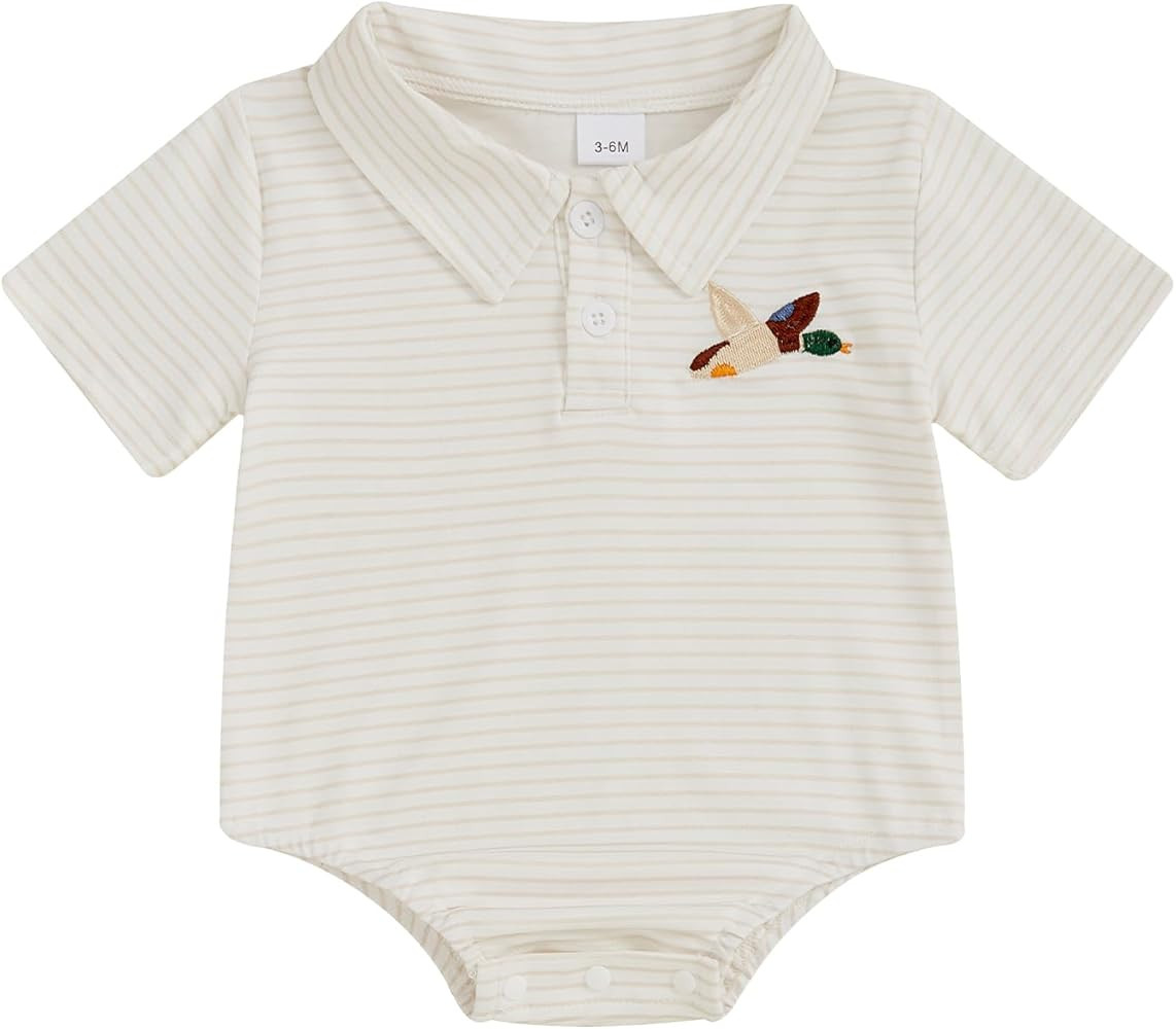 Baby Boy Polo Romper Mallard Duck Button Down Striped T-Shirt Onesie Short Sleeve Collar Bodysuit... | Amazon (US)