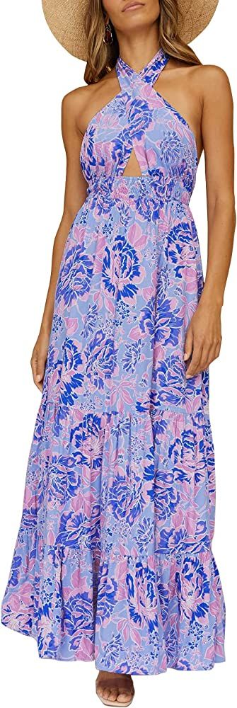 ZESICA Women's Summer Crossover Halter Neck Sleeveless Plaid Cut Out Backless Flowy A Line Maxi Dres | Amazon (US)