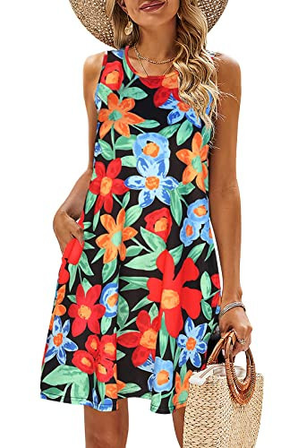 SimpleFun Summer Dresses for Women Floral Sleeveless Swing Sun Dress Juniors Vacation Clothes Black,XXL | Amazon (US)