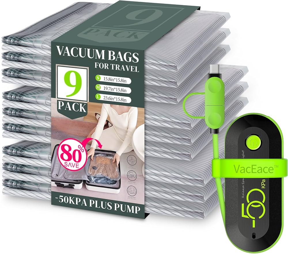 9 Pack Travel Vacuum Storage Bags with USB Electric Pump, Carry-on Size Space Saver Bags for Clot... | Amazon (US)